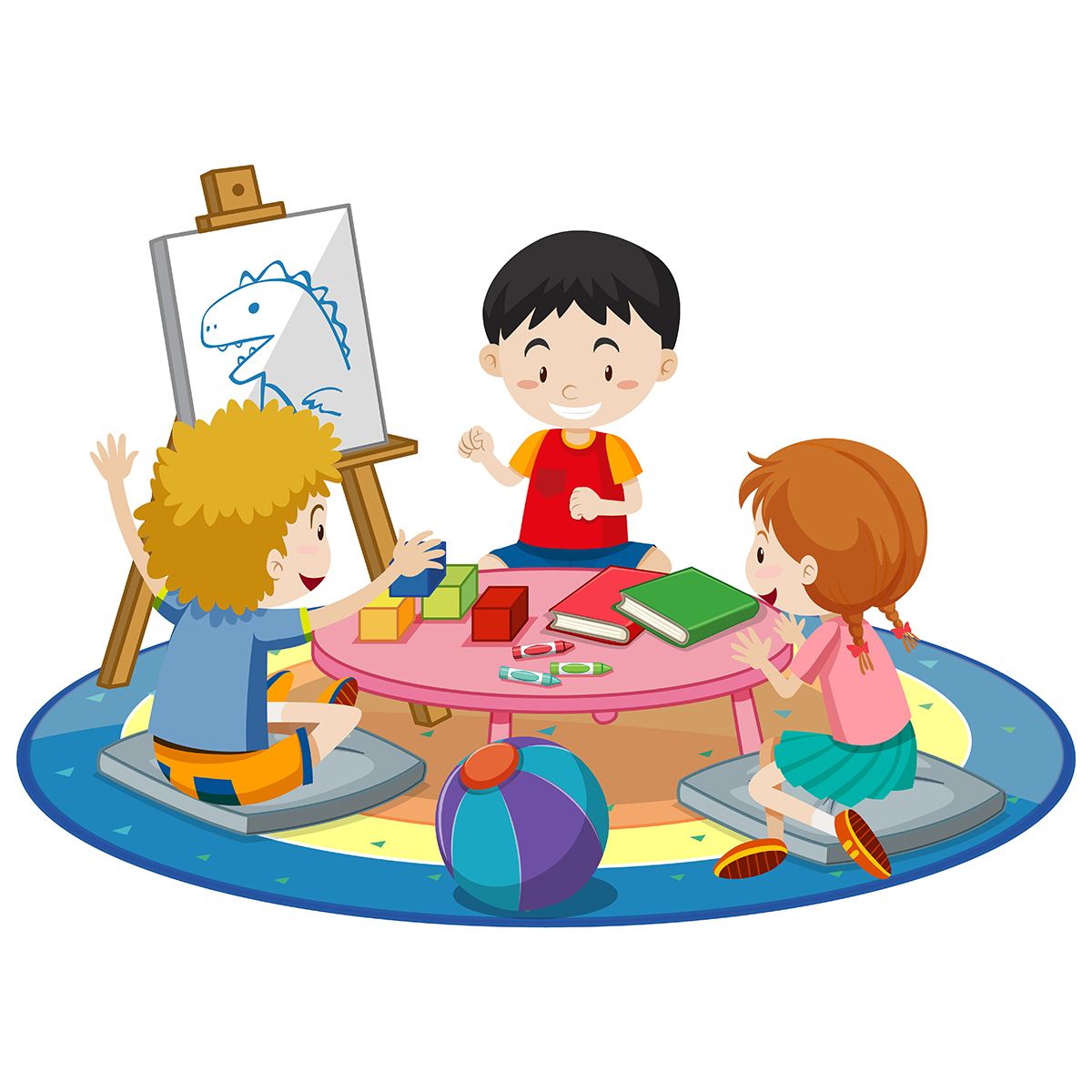 Students with kindergarten room elements on white background